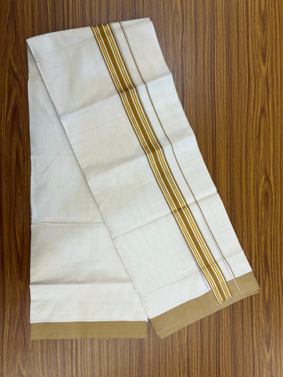 20% Discount! KaithariKada Balaramapuram 100% Cotton Off white Double Mundu/Dhoti - (100x80)S - 1.5 inch Gold Kasav & Light Orange Brown Striped Kara - 4mtr (8.5muzham) - 88 KK5255 VAS