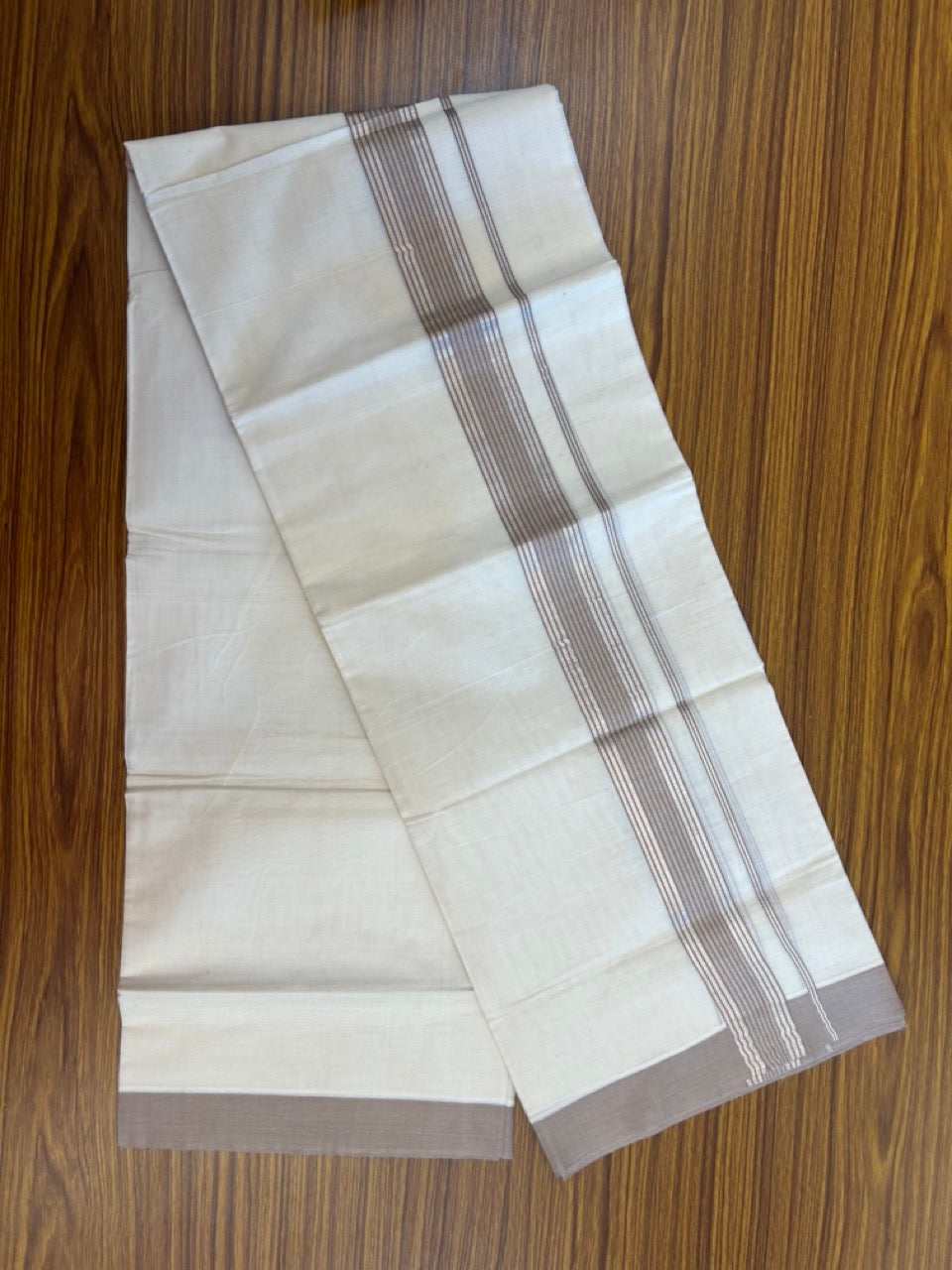 20% DISCOUNT! KaithariKada Balaramapuram Double OFF WHITE Mundu/Dhoti - 80x80 - 1.5 Inch Silver Kasavu & Light Brown striped Kara - 3 KK5285 VAS