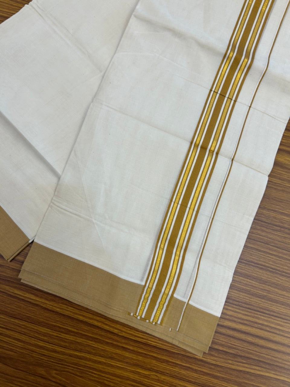 20% Discount! KaithariKada Balaramapuram 100% Cotton Off white Double Mundu/Dhoti - (100x80)S - 1.5 inch Gold Kasav & Light Orange Brown Striped Kara - 4mtr (8.5muzham) - 88 KK5255 VAS
