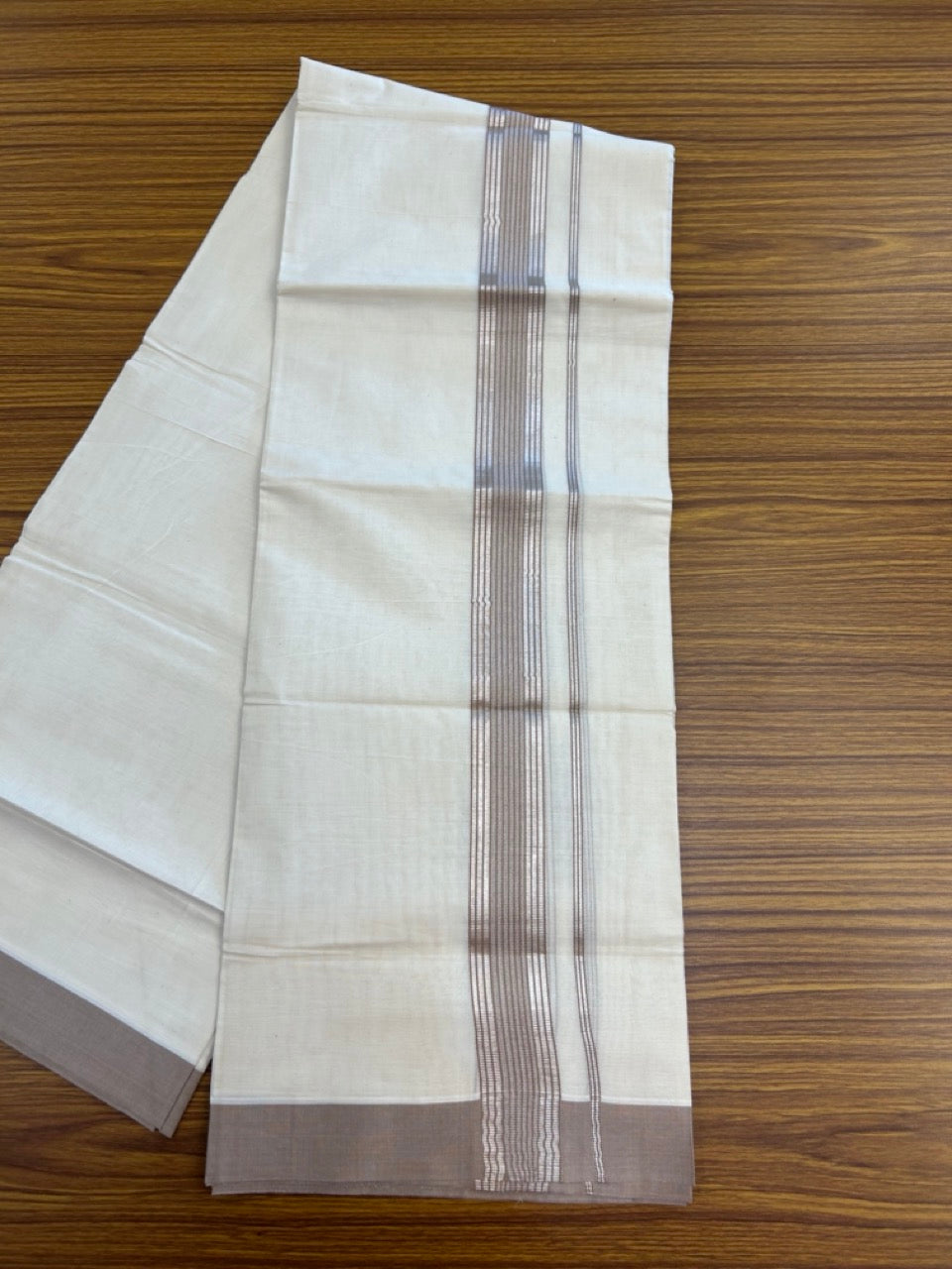 20% DISCOUNT! KaithariKada Balaramapuram Double OFF WHITE Mundu/Dhoti - 80x80 - 1.5 Inch Silver Kasavu & Light Brown striped Kara - 3 KK5285 VAS