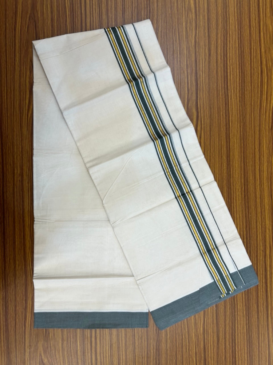 20% Discount! KaithariKada Balaramapuram 100% Cotton Off white Double Mundu/Dhoti - (100x80)S - 1.5 inch Gold Kasav & Olive Green Striped Kara - 4mtr (8.5muzham) - 89 KK5255 VAS