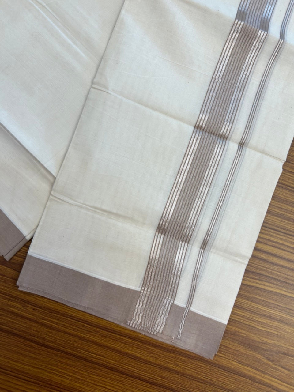 20% DISCOUNT! KaithariKada Balaramapuram Double OFF WHITE Mundu/Dhoti - 80x80 - 1.5 Inch Silver Kasavu & Light Brown striped Kara - 3 KK5285 VAS