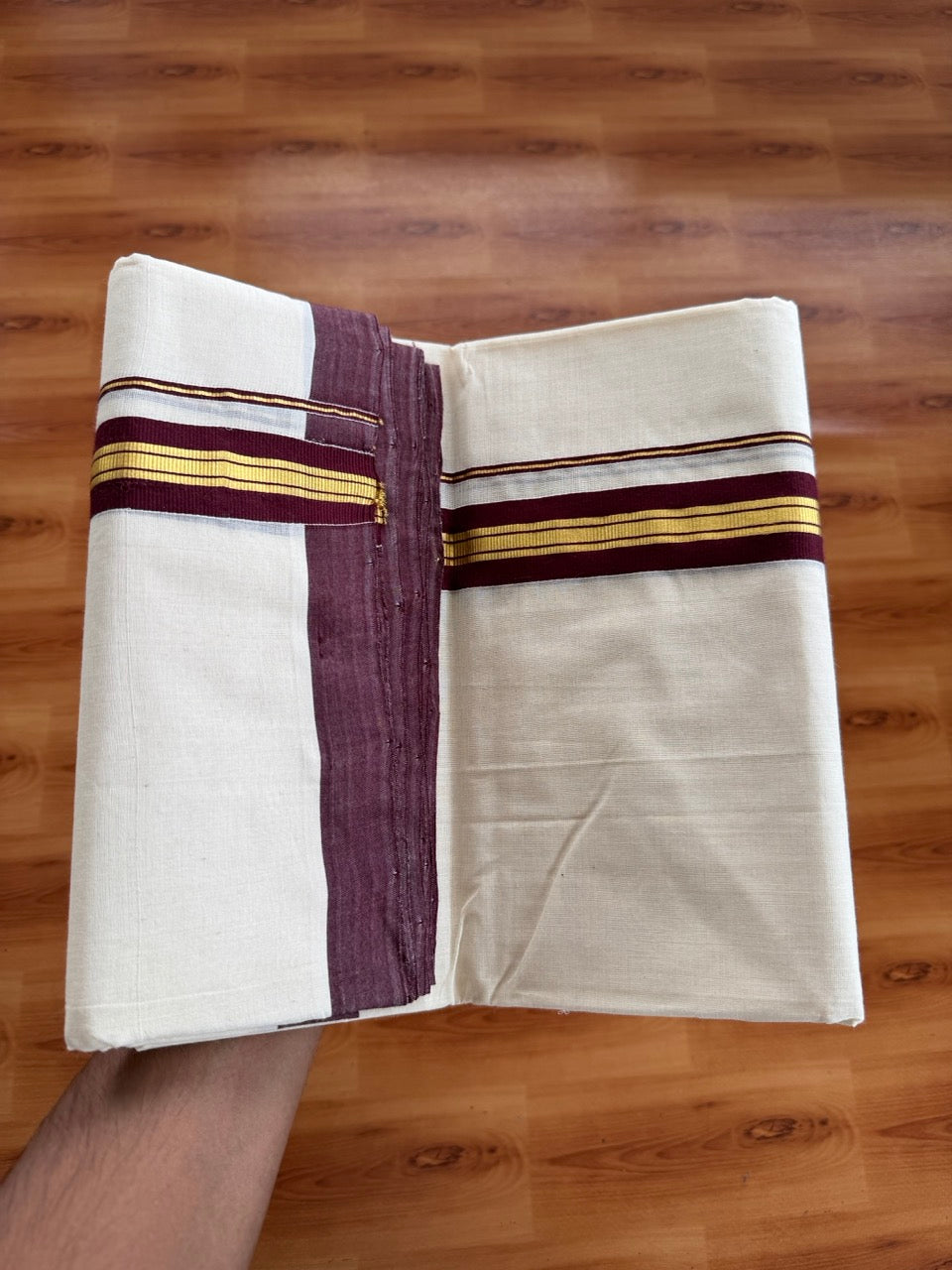 Off White (Unbleached) Double Mundu/Dothi - 25% Discount ! KaithariKada Handloom Millpaav - Kerala Handloom - 80x90 - 1.25 inch Gold Kasav & Dark Maroon Stripes Kara 4 Meters (8.5 Muzham) - 6 KK5508 RAM