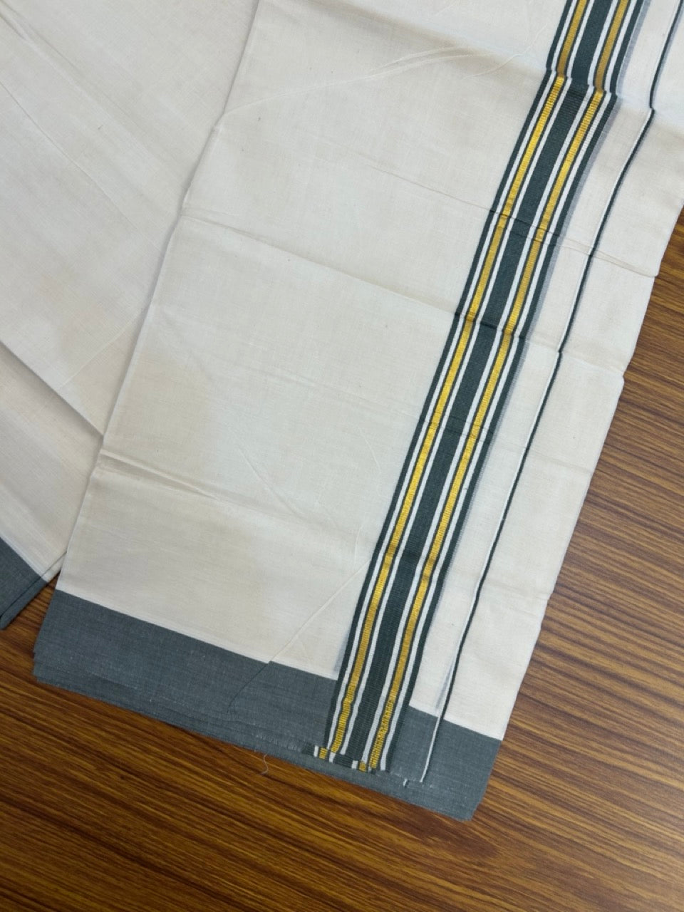 20% Discount! KaithariKada Balaramapuram 100% Cotton Off white Double Mundu/Dhoti - (100x80)S - 1.5 inch Gold Kasav & Olive Green Striped Kara - 4mtr (8.5muzham) - 89 KK5255 VAS