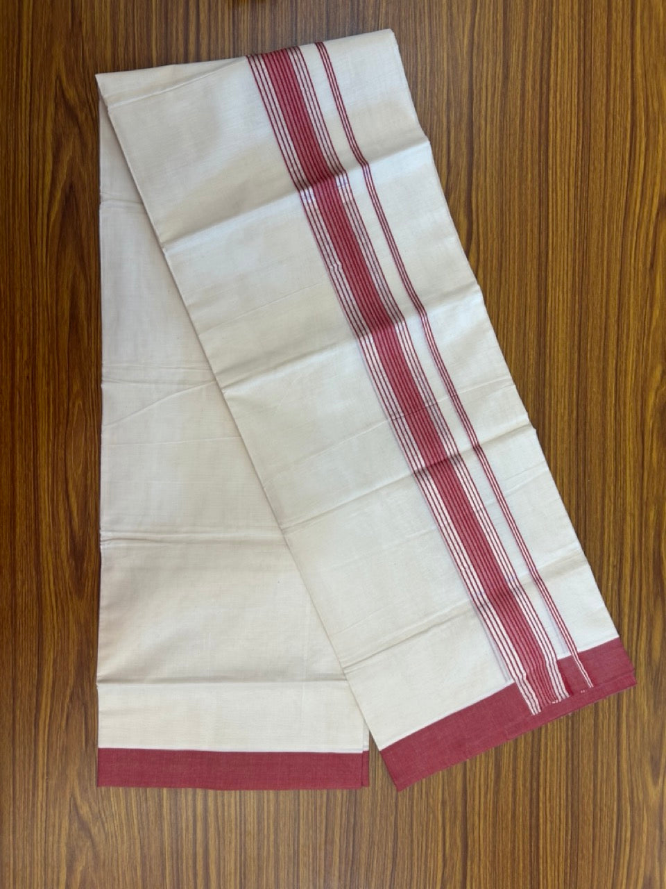 20% DISCOUNT! KaithariKada Balaramapuram Double OFF WHITE Mundu/Dhoti - 80x80 - 1.75 Inch Silver Kasav & Magenta Red striped Kara - 4 KK5285 VAS