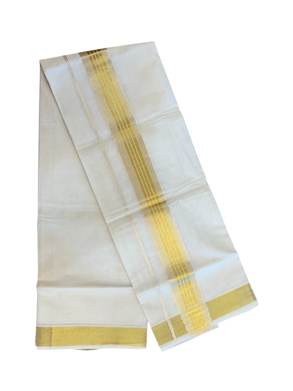 20% Discount!! KaithariKada Balaramapuram - 100% PURE Cotton OFF WHITE (Unbleached) Neriyath - 1.75 Inch Kasavu Stripes Kara - 2KK5215 VIN