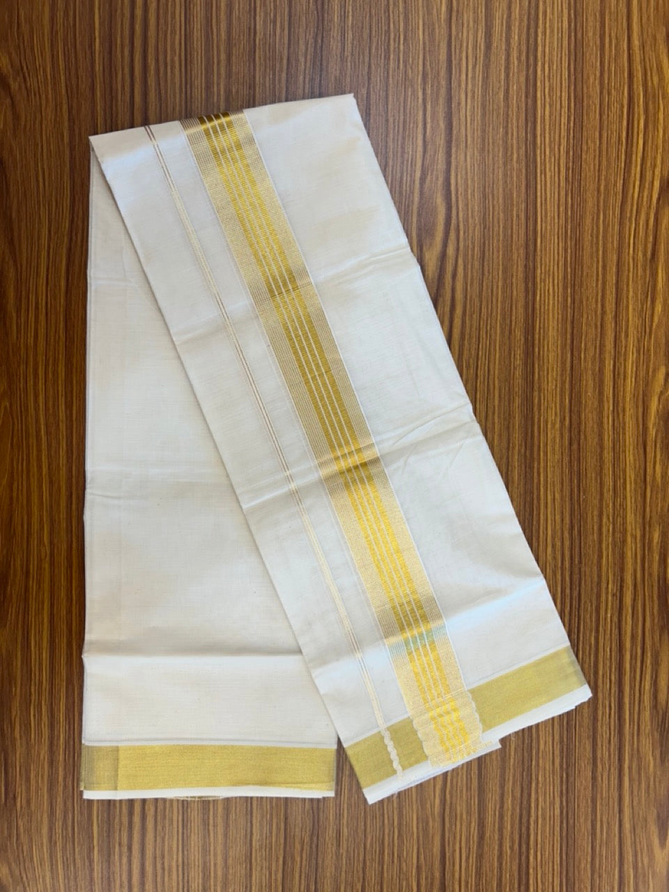 20% Discount!! KaithariKada Balaramapuram - 100% PURE Cotton OFF WHITE (Unbleached) Neriyath - 1.75 Inch Kasavu Stripes Kara - 2KK5215 VIN