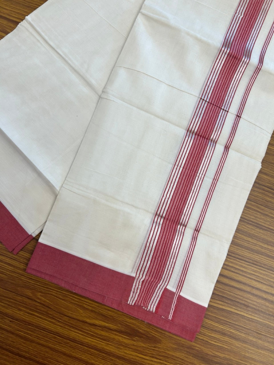 20% DISCOUNT! KaithariKada Balaramapuram Double OFF WHITE Mundu/Dhoti - 80x80 - 1.75 Inch Silver Kasav & Magenta Red striped Kara - 4 KK5285 VAS