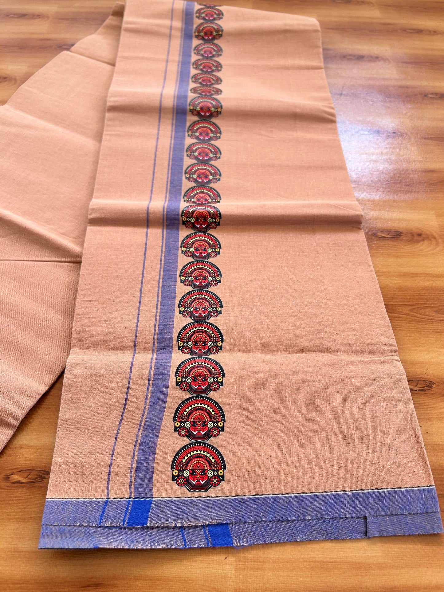 Single Kaily / Lungi- Kaitharikada - Pure Cotton - (40s) - Theyyam Printed Design 0.5 inch Blue Kara with Light Kavi Colour Body (2 meter / 4 muzham) - 68 KK8062 GAN