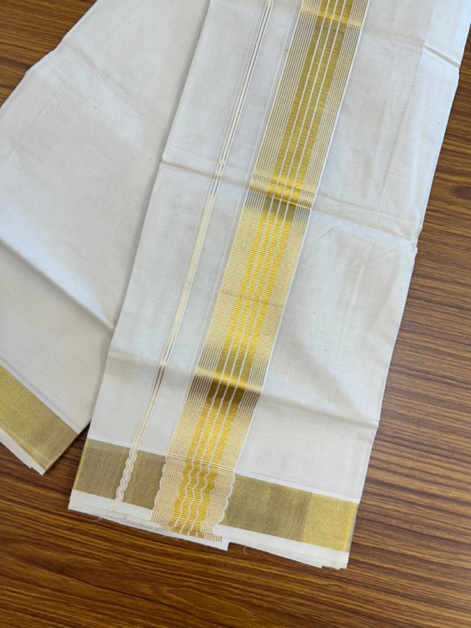 20% Discount!! KaithariKada Balaramapuram - 100% PURE Cotton OFF WHITE (Unbleached) Neriyath - 1.75 Inch Kasavu Stripes Kara - 2KK5215 VIN