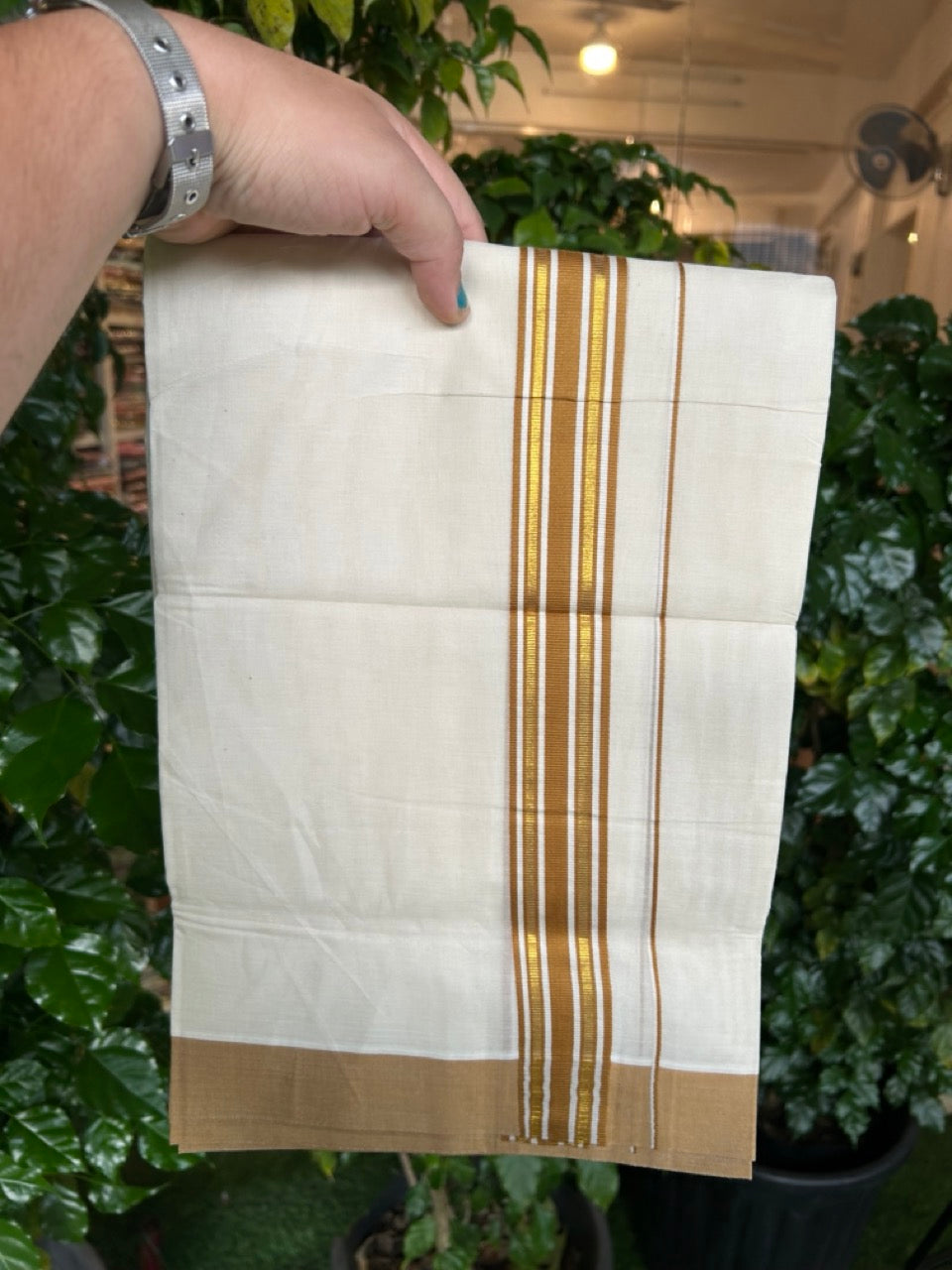 20% Discount! KaithariKada Balaramapuram 100% Cotton Off white Double Mundu/Dhoti - (100x80)S - 1.5 inch Gold Kasav & Light Orange Brown Striped Kara - 4mtr (8.5muzham) - 88 KK5255 VAS