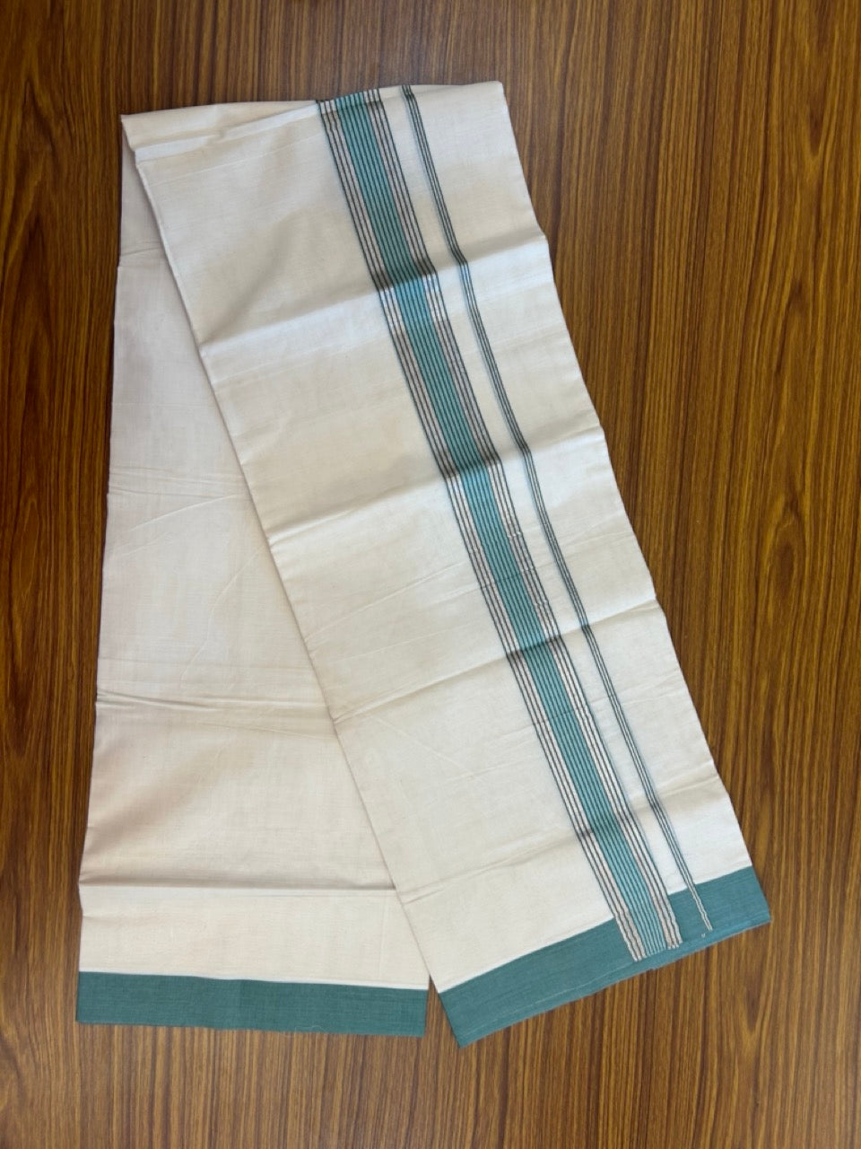 20% DISCOUNT! KaithariKada Balaramapuram Double OFF WHITE Mundu/Dhoti - 80x80 - 1.5 Inch Silver Kasav & Light Teal Green striped Kara - 5 KK5285 VAS