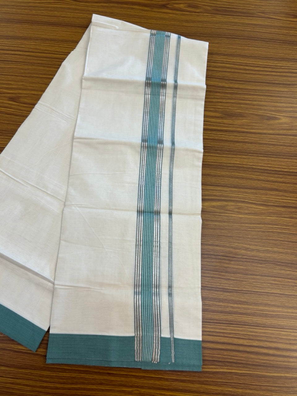 20% DISCOUNT! KaithariKada Balaramapuram Double OFF WHITE Mundu/Dhoti - 80x80 - 1.5 Inch Silver Kasav & Light Teal Green striped Kara - 5 KK5285 VAS