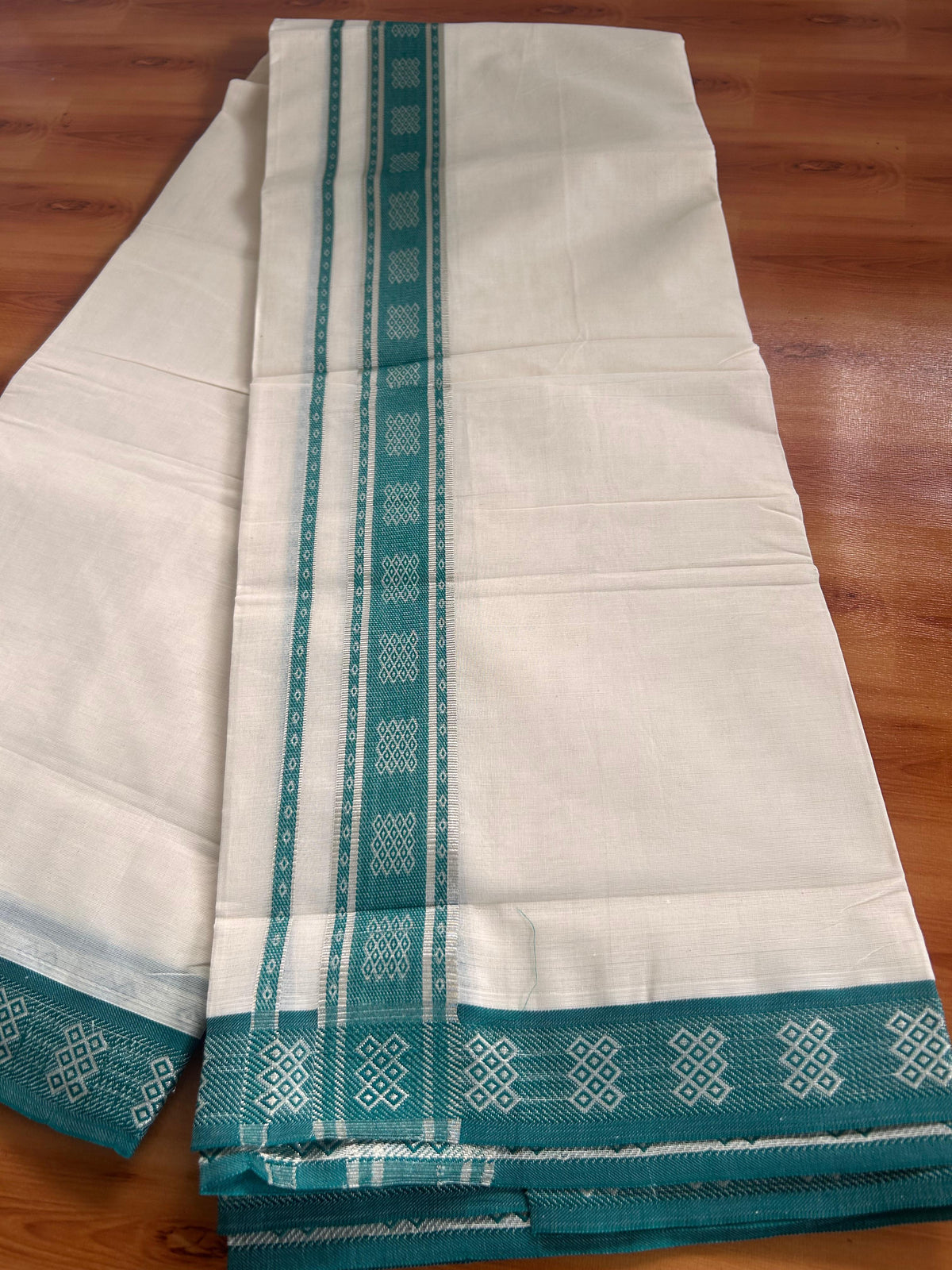 Double Off White (Unbleached) Mundu/Dhoti - 20% Discount! Kaitharikada Pure Cotton - 100x80 - 2 Inch Silver Kasav & Teel Green Jacquard Design Kara 4 mtr (8.5 muzham) - 6 KK5541 PMC