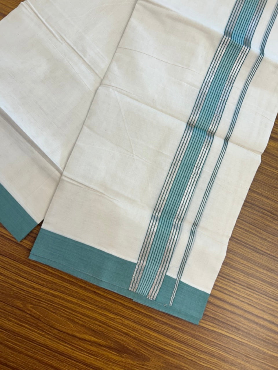 20% DISCOUNT! KaithariKada Balaramapuram Double OFF WHITE Mundu/Dhoti - 80x80 - 1.5 Inch Silver Kasav & Light Teal Green striped Kara - 5 KK5285 VAS