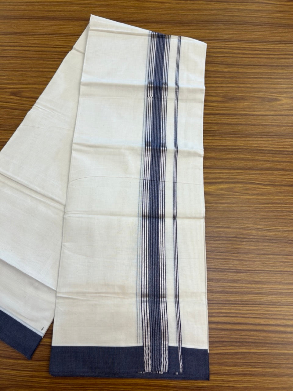 20% DISCOUNT! KaithariKada Balaramapuram Double OFF WHITE Mundu/Dhoti - 80x80 - 1.5 Inch Silver Kasav & Navy Blue striped Kara - 6 KK5285 VAS
