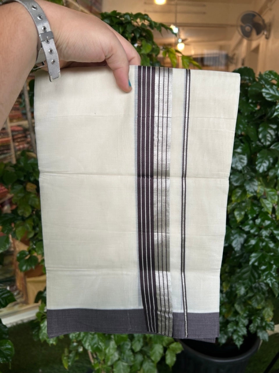 20% Discount! KaithariKada Balaramapuram 100% Cotton Off white Double Mundu/Dhoti - (100x80)S - 1.5 inch Dark Brown & Silver Kasav Striped Kara - 4mtr (8.5muzham) - 76 KK5255 VAS