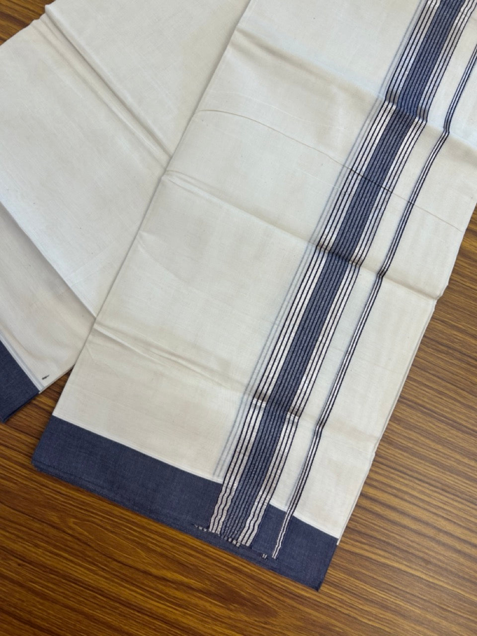20% DISCOUNT! KaithariKada Balaramapuram Double OFF WHITE Mundu/Dhoti - 80x80 - 1.5 Inch Silver Kasav & Navy Blue striped Kara - 6 KK5285 VAS