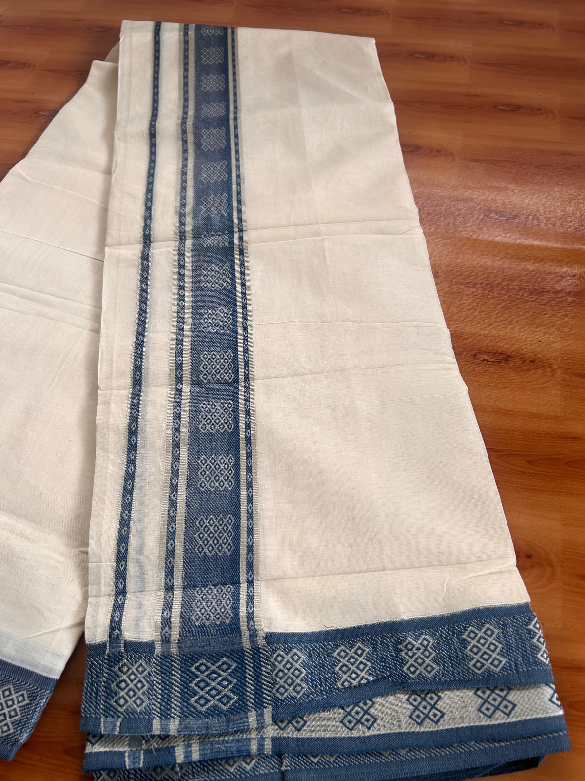 Double Off White (Unbleached) Mundu/Dhoti - 20% Discount! Kaitharikada Pure Cotton - 100x80 - 2.25 Inch Silver Kasav & Blue Jacquard Design Kara 4 mtr (8.5 muzham) - 7 KK5541 PMC