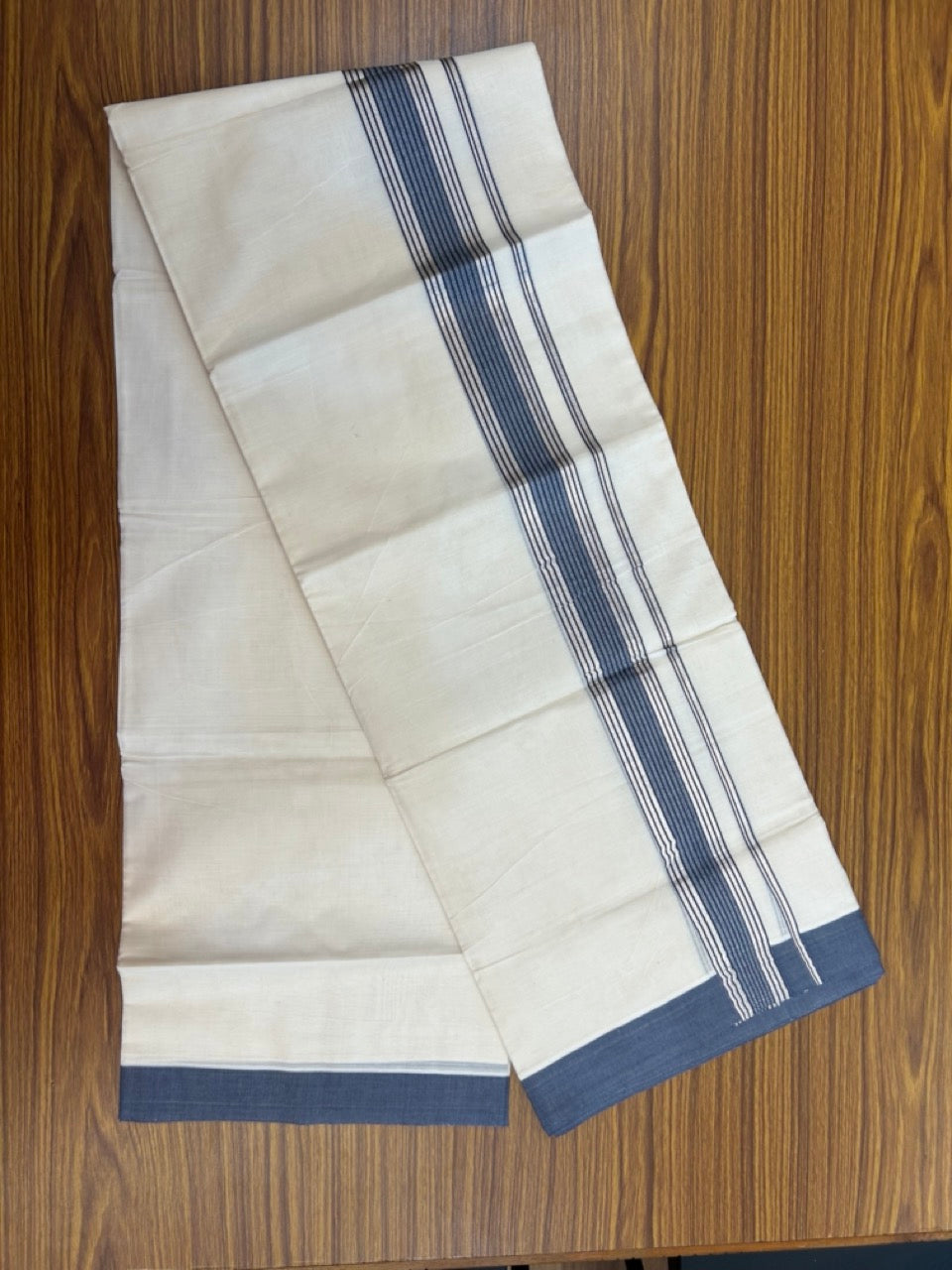 20% DISCOUNT! KaithariKada Balaramapuram Double OFF WHITE Mundu/Dhoti - 80x80 - 1.5 Inch Silver Kasav & Ash Blue striped Kara - 7 KK5285 VAS