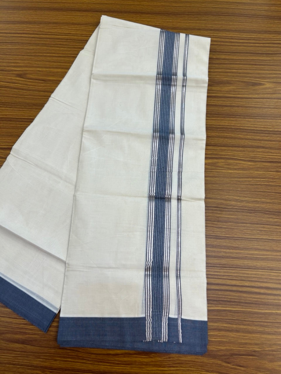 20% DISCOUNT! KaithariKada Balaramapuram Double OFF WHITE Mundu/Dhoti - 80x80 - 1.5 Inch Silver Kasav & Ash Blue striped Kara - 7 KK5285 VAS