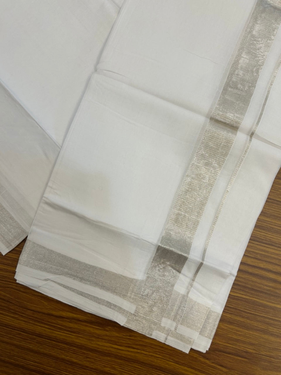 20% Discount ! KaithariKada Balaramapuram 100% Cotton Double Pure white Mundu/Dhoti- 100x80 - 1.5 inch Silver Kasavu Kara - 3.90mtr ( 8 muzham) - 1 KK5251 PMC