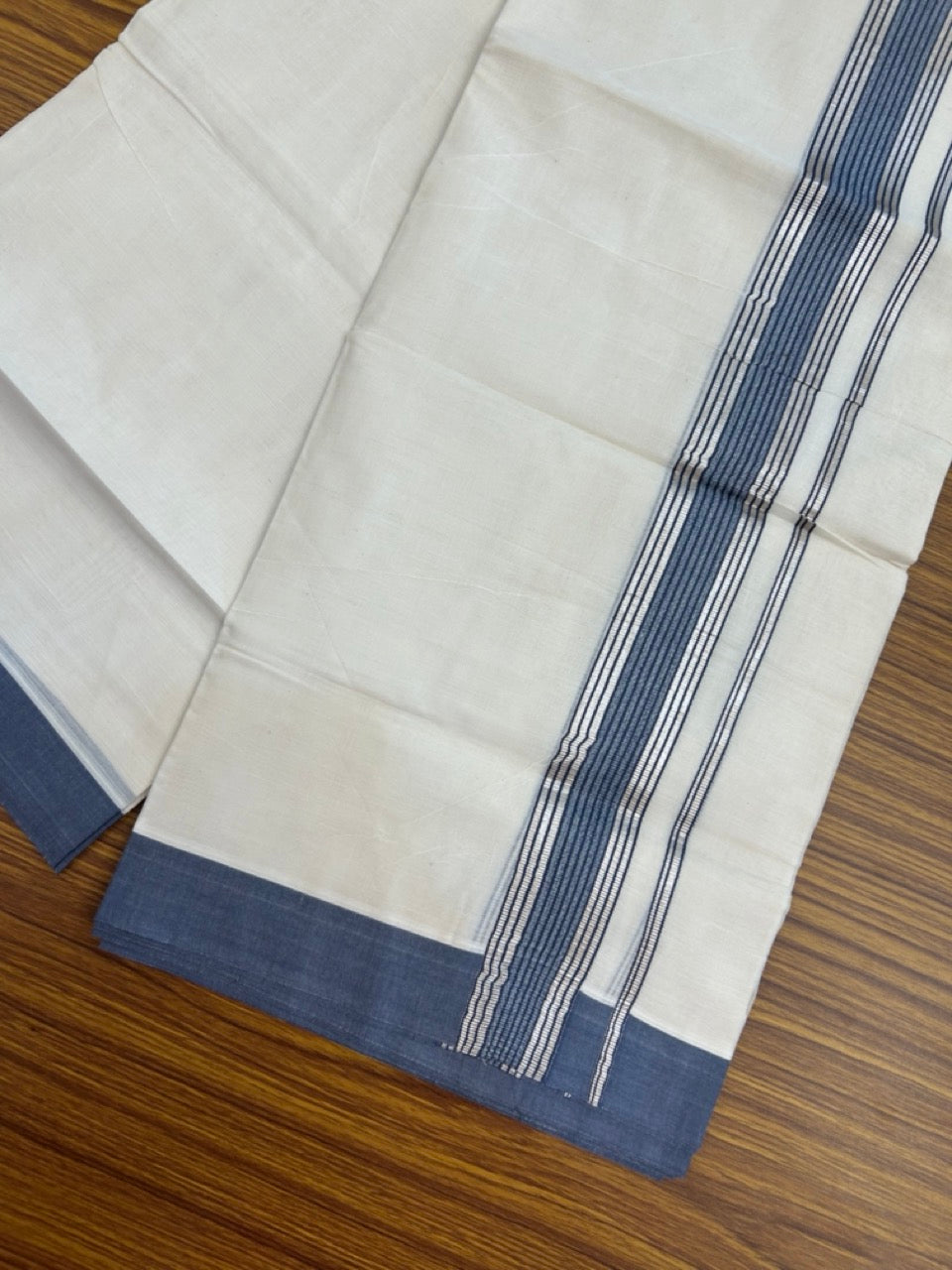 20% DISCOUNT! KaithariKada Balaramapuram Double OFF WHITE Mundu/Dhoti - 80x80 - 1.5 Inch Silver Kasav & Ash Blue striped Kara - 7 KK5285 VAS