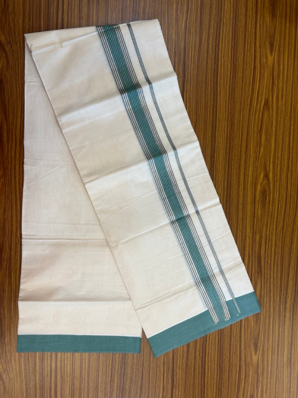 20% DISCOUNT! KaithariKada Balaramapuram Double OFF WHITE Mundu/Dhoti - 80x80 - 1.5 Inch Silver Kasav & Teal Green striped Kara - 8 KK5285 VAS