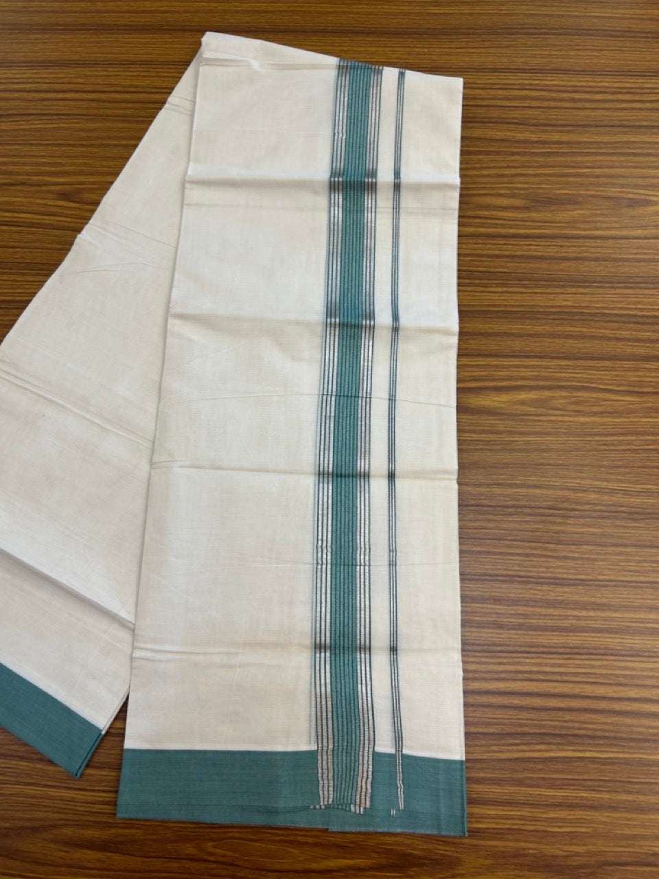 20% DISCOUNT! KaithariKada Balaramapuram Double OFF WHITE Mundu/Dhoti - 80x80 - 1.5 Inch Silver Kasav & Teal Green striped Kara - 8 KK5285 VAS