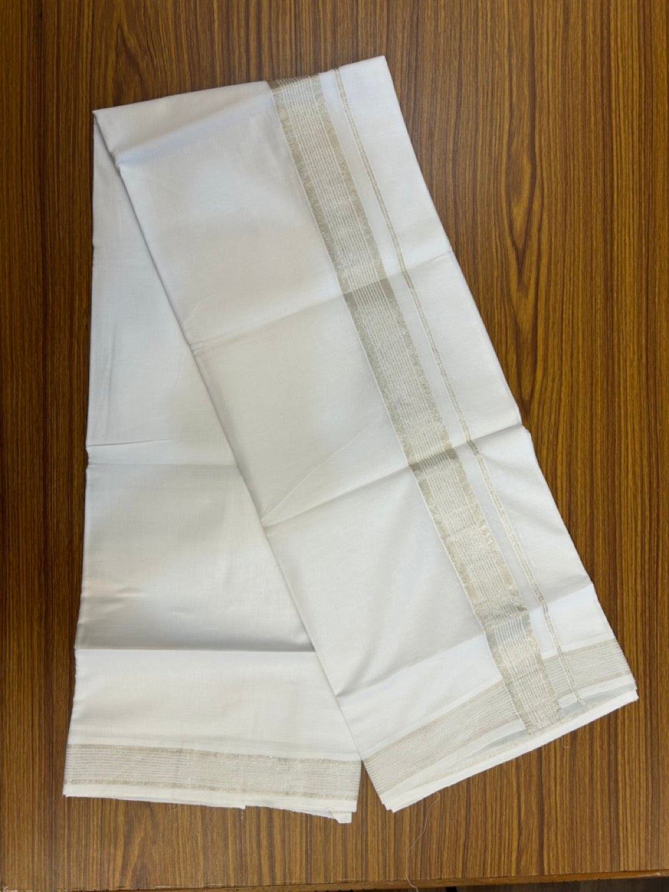 20% Discount ! KaithariKada Balaramapuram 100% Cotton Double Pure white Mundu/Dhoti- 100x80 - 1.5 inch Silver Kasavu Striped Kara - 3.90mtr ( 8 muzham) - 3 KK5251 PMC
