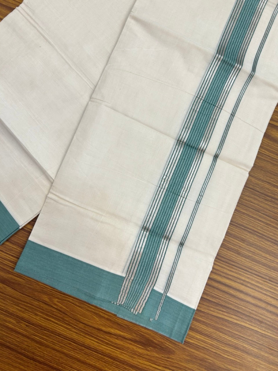 20% DISCOUNT! KaithariKada Balaramapuram Double OFF WHITE Mundu/Dhoti - 80x80 - 1.5 Inch Silver Kasav & Teal Green striped Kara - 8 KK5285 VAS