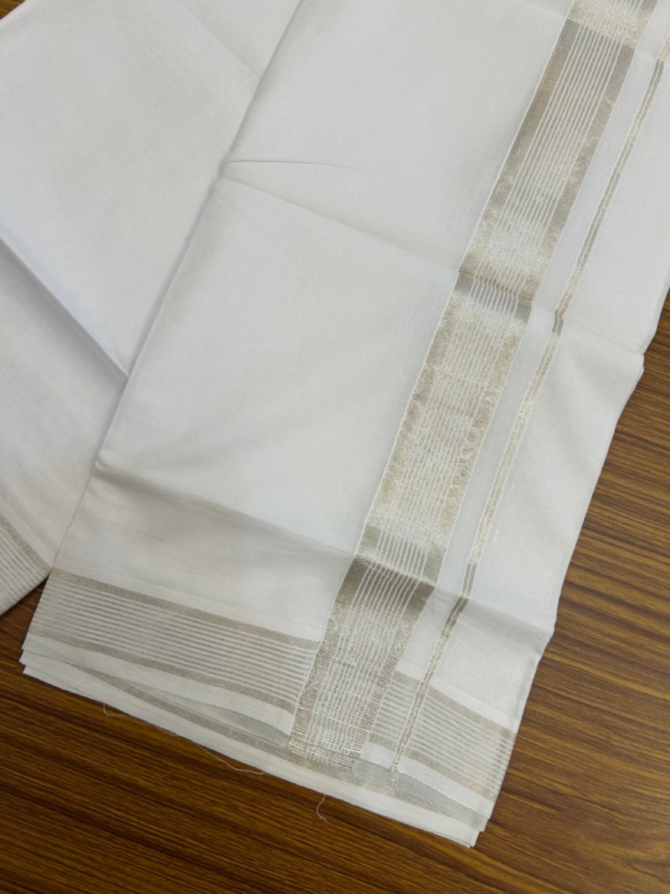 20% Discount ! KaithariKada Balaramapuram 100% Cotton Double Pure white Mundu/Dhoti- 100x80 - 1.5 inch Silver Kasavu Striped Kara - 3.90mtr ( 8 muzham) - 3 KK5251 PMC