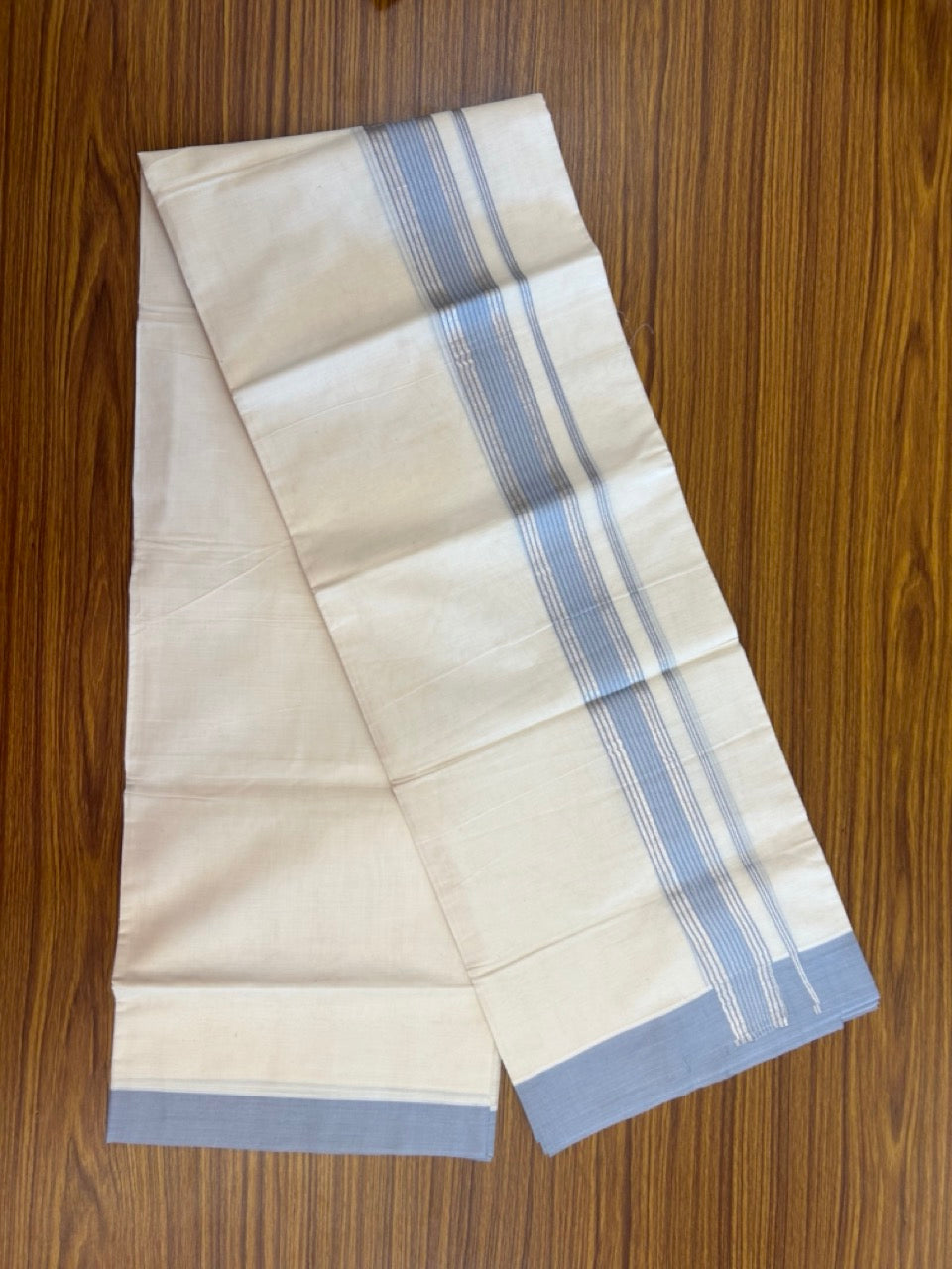 20% DISCOUNT! KaithariKada Balaramapuram Double OFF WHITE Mundu/Dhoti - 80x80 - 1.5 Inch Silver Kasav & Lavender Blue striped Kara - 9 KK5285 VAS