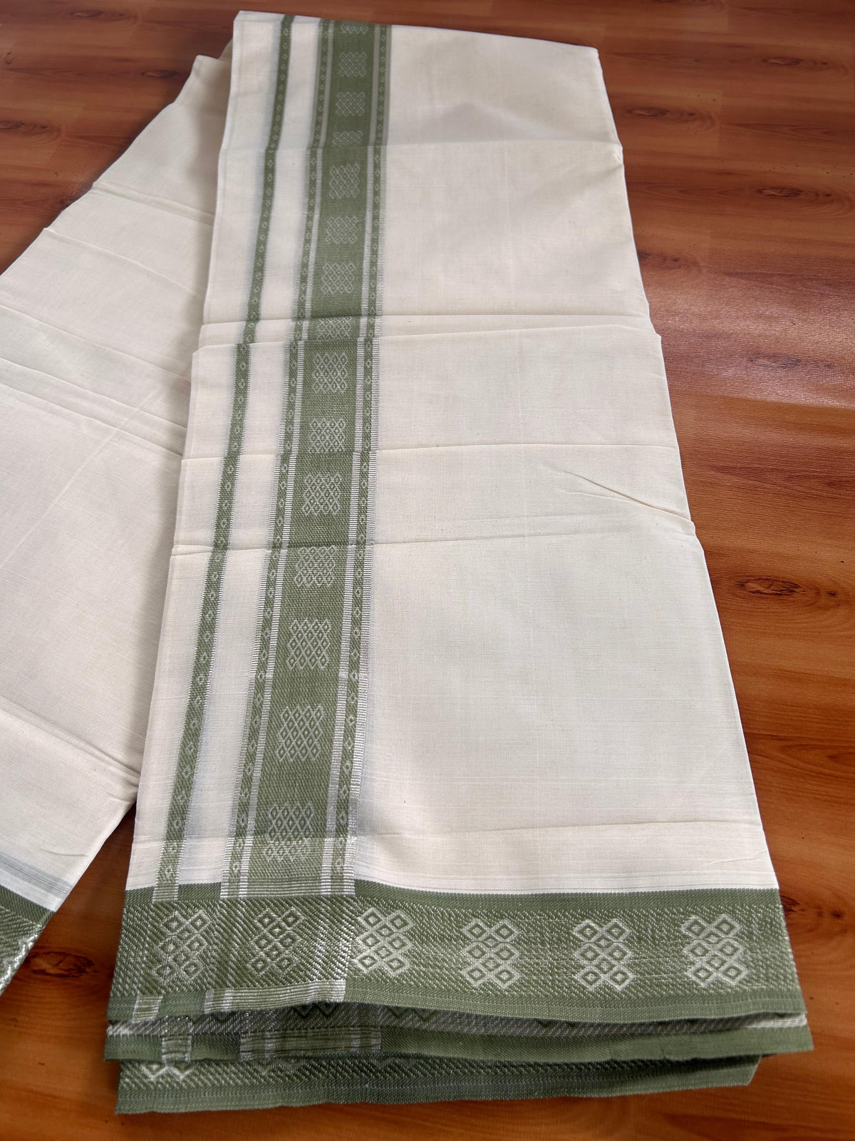 Double Off White (Unbleached) Mundu/Dhoti - 20% Discount! Kaitharikada Pure Cotton - 100x80 - 2 Inch Silver Kasav & Olive Green Jacquard Design Kara 4 mtr (8.5 muzham) - 9 KK5541 PMC