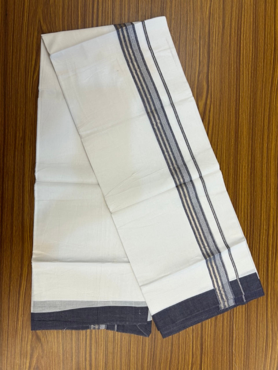 20% Discount ! KaithariKada Balaramapuram 100% Cotton Double Pure white Mundu/Dhoti- 100x80 - 1.5 inch Silver Kasavu & Navy Blue Striped Kara - 3.90mtr ( 8 muzham) - 4 KK5251 PMC
