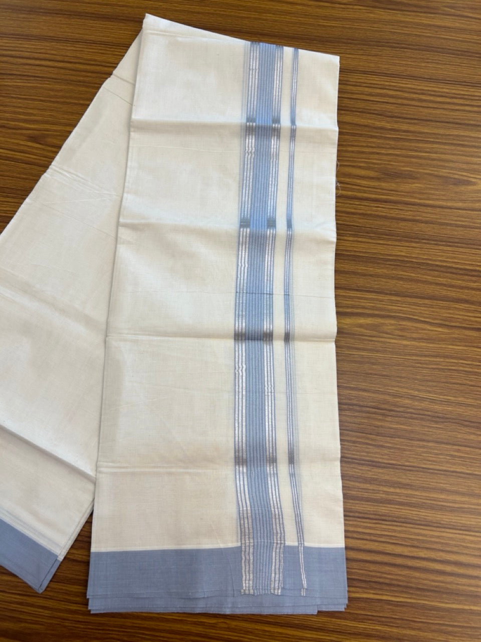 20% DISCOUNT! KaithariKada Balaramapuram Double OFF WHITE Mundu/Dhoti - 80x80 - 1.5 Inch Silver Kasav & Lavender Blue striped Kara - 9 KK5285 VAS