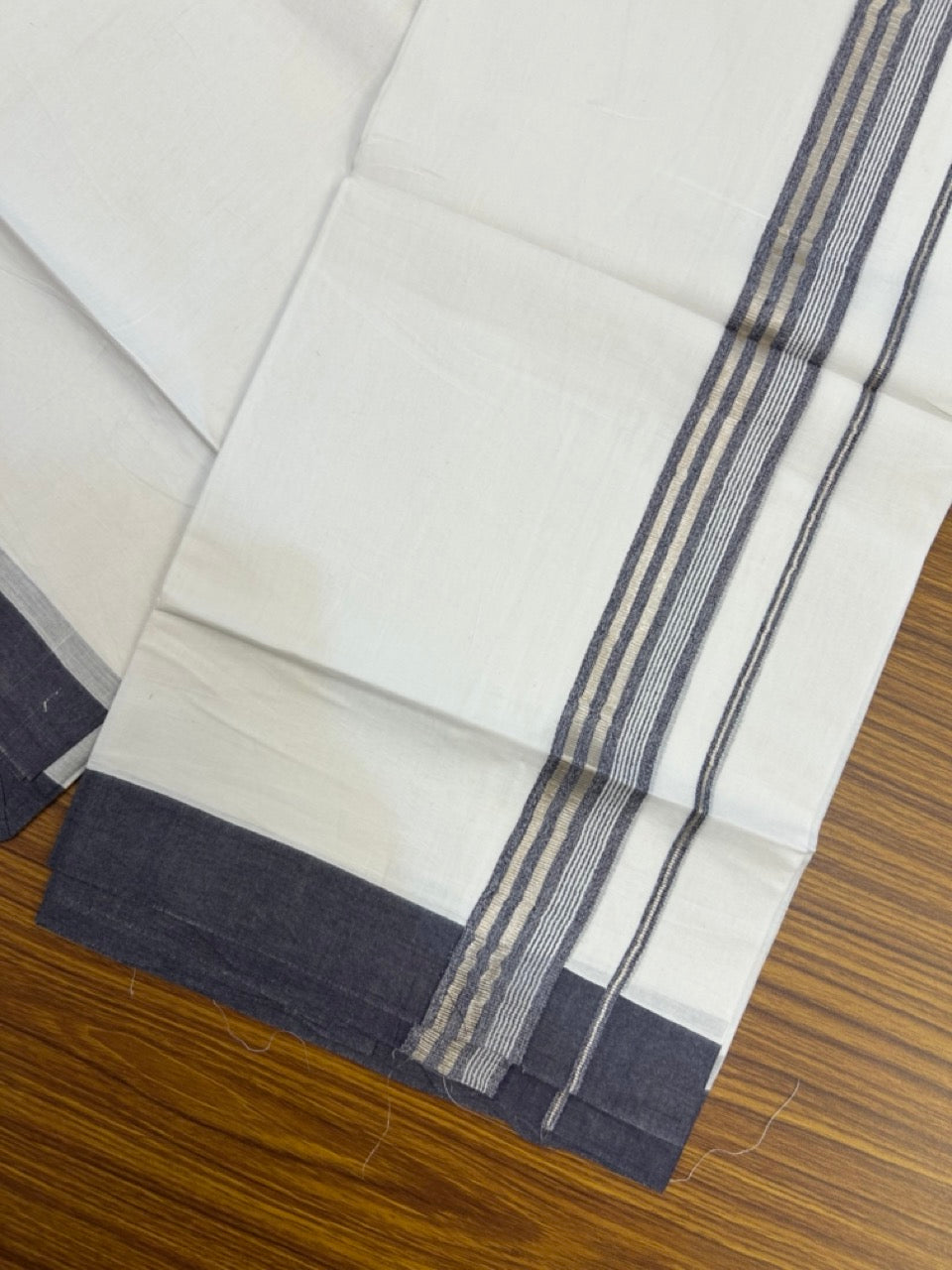 20% Discount ! KaithariKada Balaramapuram 100% Cotton Double Pure white Mundu/Dhoti- 100x80 - 1.5 inch Silver Kasavu & Navy Blue Striped Kara - 3.90mtr ( 8 muzham) - 4 KK5251 PMC