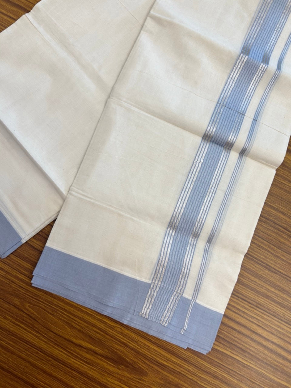 20% DISCOUNT! KaithariKada Balaramapuram Double OFF WHITE Mundu/Dhoti - 80x80 - 1.5 Inch Silver Kasav & Lavender Blue striped Kara - 9 KK5285 VAS
