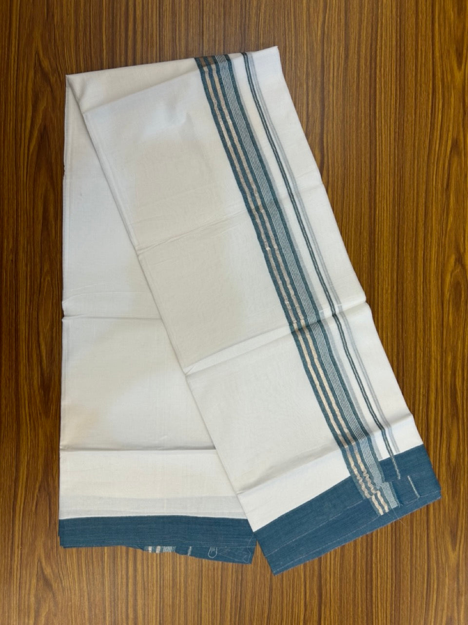 20% Discount ! KaithariKada Balaramapuram 100% Cotton Double Pure white Mundu/Dhoti- 100x80 - 1.5 inch Silver Kasavu & Peacock Blue Striped Kara - 3.90mtr ( 8 muzham) - 5 KK5251 PMC