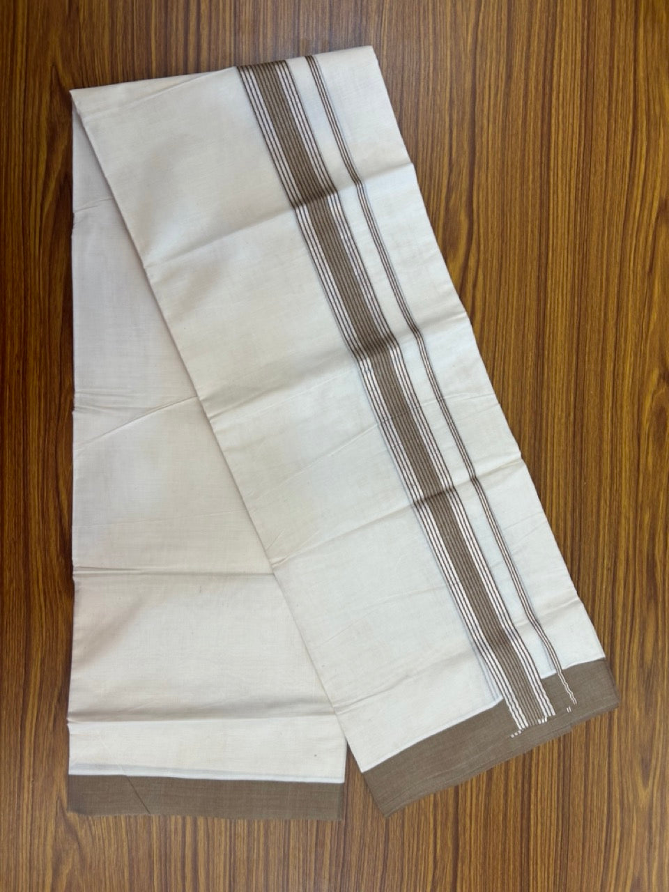20% DISCOUNT! KaithariKada Balaramapuram Double OFF WHITE Mundu/Dhoti - 80x80 - 1.5 Inch Silver Kasav & Brown striped Kara - 10 KK5285 VAS