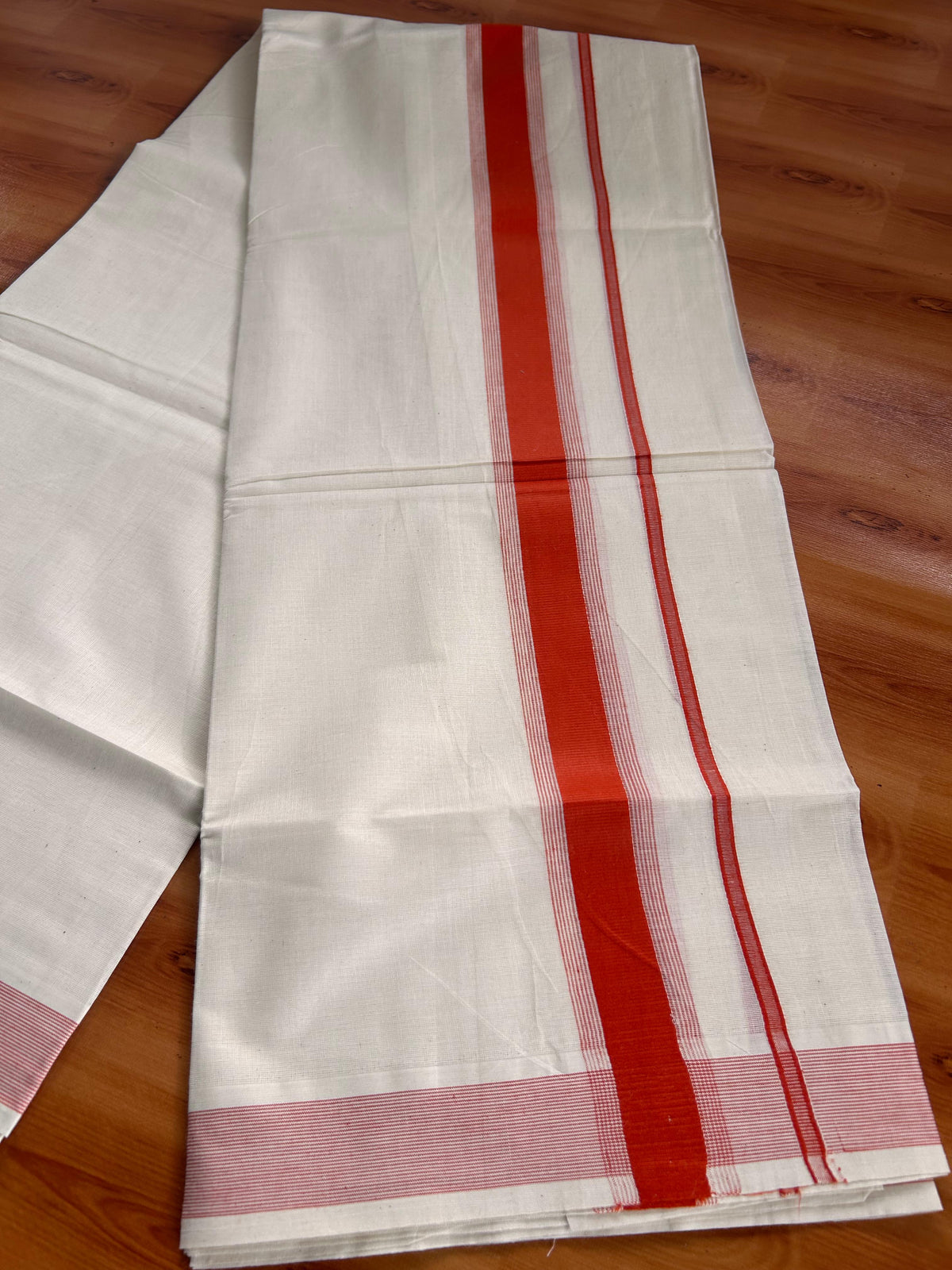 Double Off White (Unbleached) Mundu/Dhoti - 20% Discount! Kaitharikada Pulimood Pure Cotton - 100x80 - 1.75 Inch Orange Striped Kara 4 mtr (8.5 muzham) - 10 KK5541 PMC