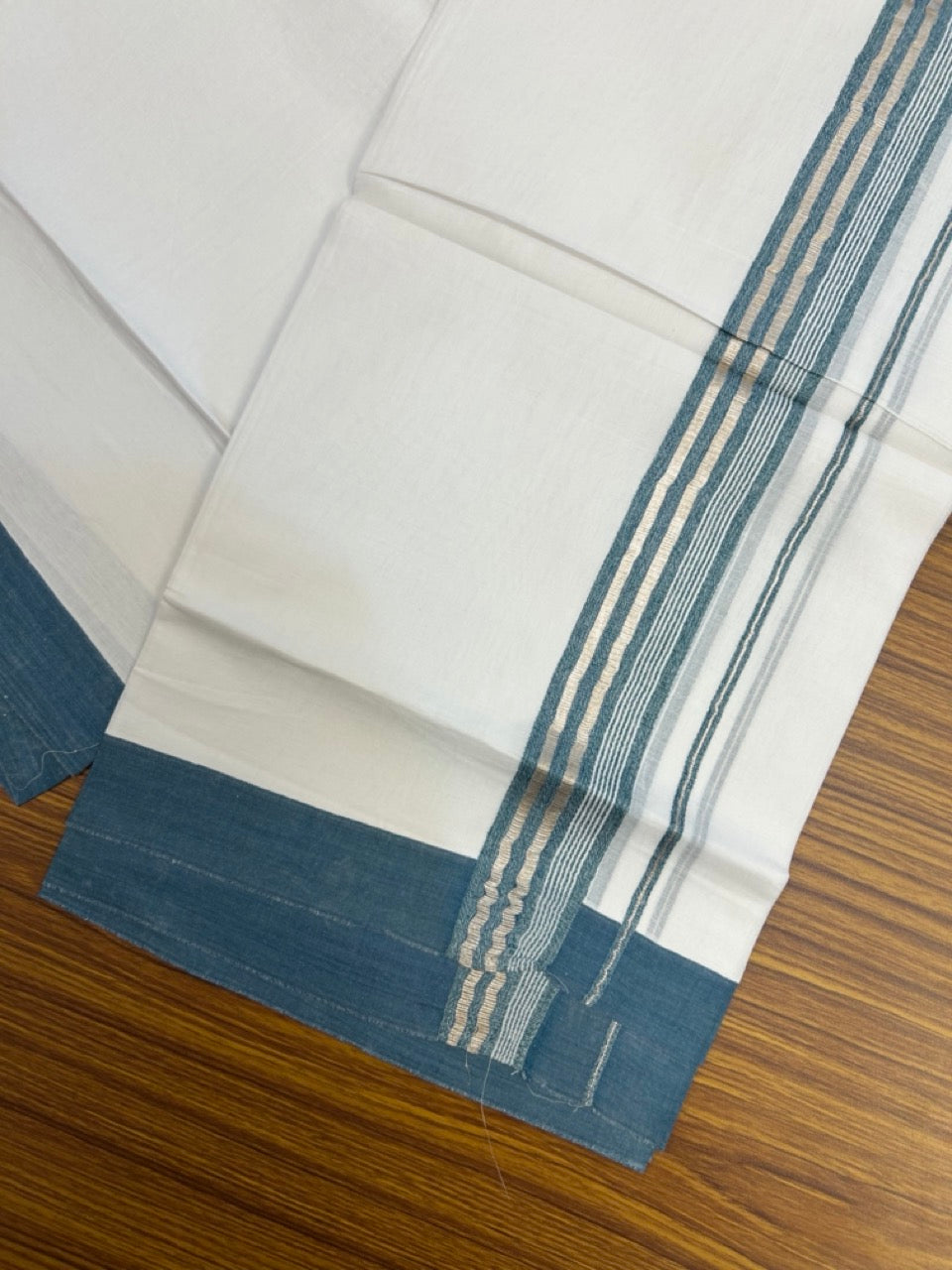 20% Discount ! KaithariKada Balaramapuram 100% Cotton Double Pure white Mundu/Dhoti- 100x80 - 1.5 inch Silver Kasavu & Peacock Blue Striped Kara - 3.90mtr ( 8 muzham) - 5 KK5251 PMC