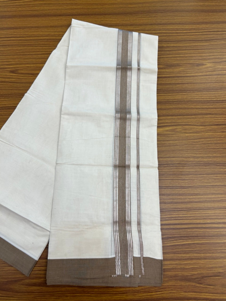 20% DISCOUNT! KaithariKada Balaramapuram Double OFF WHITE Mundu/Dhoti - 80x80 - 1.5 Inch Silver Kasav & Brown striped Kara - 10 KK5285 VAS