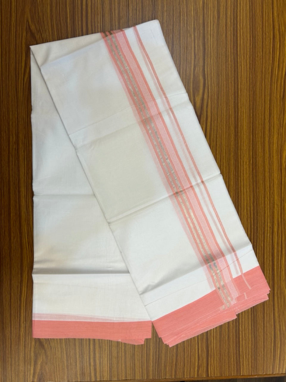 20% Discount ! KaithariKada Balaramapuram 100% Cotton Double Pure white Mundu/Dhoti- 100x80 - 1.75 inch Silver Kasavu & Peach Striped Kara - 3.90mtr ( 8 muzham) - 6 KK5251 PMC