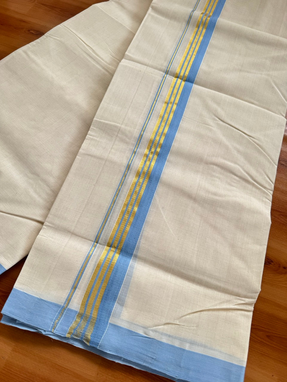 Off White (Unbleached) Double Mundu/Dothi - 25% Discount ! KaithariKada Handloom Millpaav - Kerala Handloom - 80x90 - 1.25 inch Gold Kasav & Blue Stripes Kara 4 Meters (8.5 Muzham) - 4 KK5508 RAM