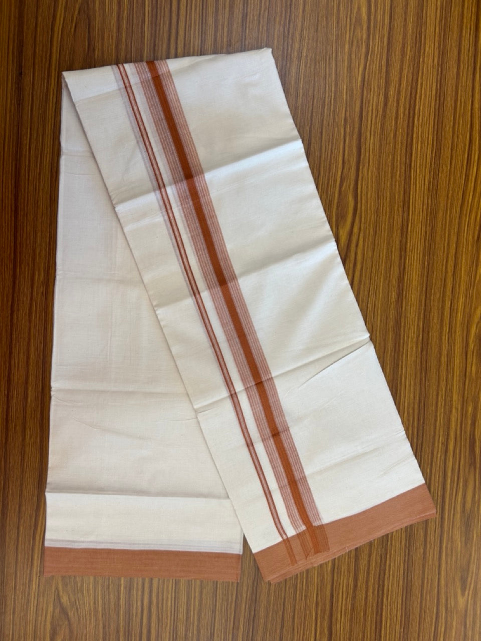 20% DISCOUNT! KaithariKada Balaramapuram Double OFF WHITE Mundu/Dhoti - 100x80 - 1.5 Inch Brick Orange striped Kara - 11 KK5285 VAS