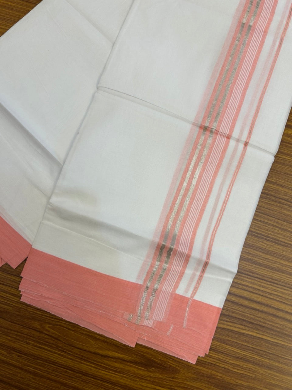 20% Discount ! KaithariKada Balaramapuram 100% Cotton Double Pure white Mundu/Dhoti- 100x80 - 1.75 inch Silver Kasavu & Peach Striped Kara - 3.90mtr ( 8 muzham) - 6 KK5251 PMC