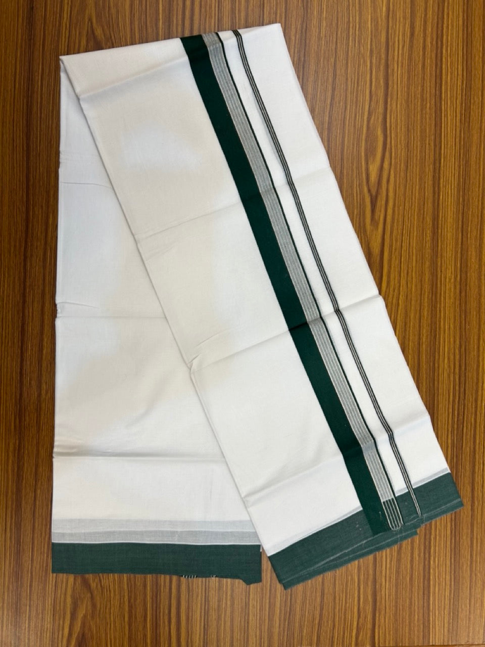 20% Discount ! KaithariKada Balaramapuram 100% Cotton Double Pure white Mundu/Dhoti- 100x80 - 1.5 inch Silver Kasavu & Dark Green Striped Kara - 3.90mtr ( 8 muzham) - 7 KK5251 PMC