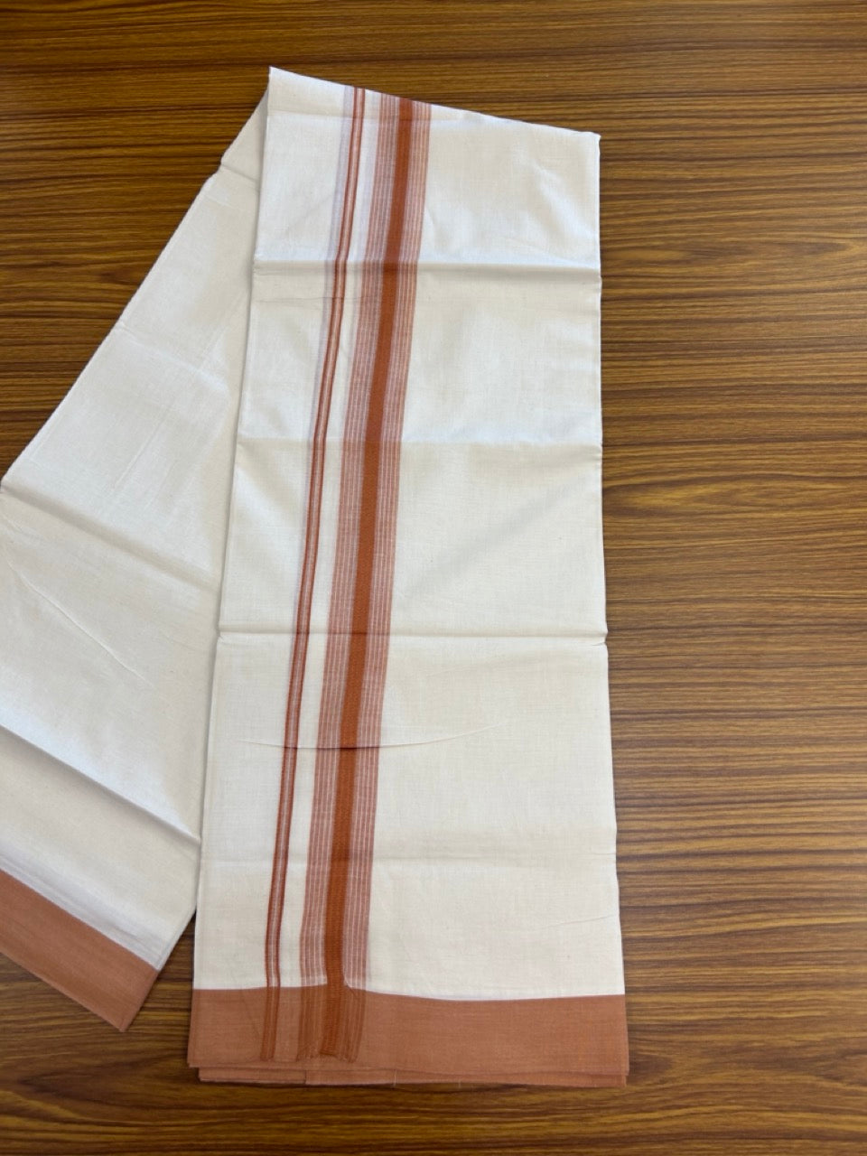 20% DISCOUNT! KaithariKada Balaramapuram Double OFF WHITE Mundu/Dhoti - 100x80 - 1.5 Inch Brick Orange striped Kara - 11 KK5285 VAS