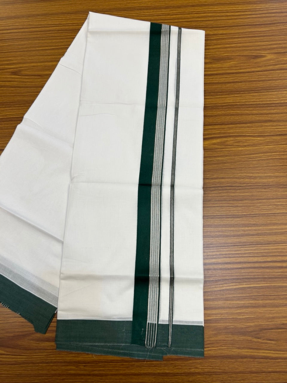 20% Discount ! KaithariKada Balaramapuram 100% Cotton Double Pure white Mundu/Dhoti- 100x80 - 1.5 inch Silver Kasavu & Dark Green Striped Kara - 3.90mtr ( 8 muzham) - 7 KK5251 PMC